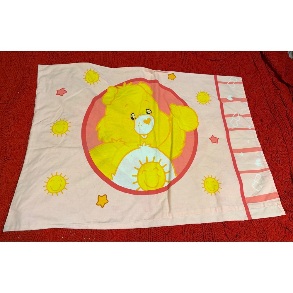 Care Bears Vintage Pillowcase Funshine Bear Love-a-Lot Bear Pink Bedding Kids